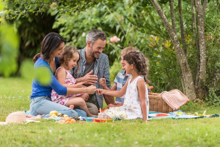 family picnic in garden or park with three children